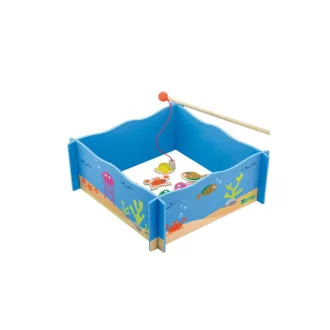 Andreu Toys 25 részes mágneses fa horgász társasjáték 4 horgászbottal és 20 fa halacskával, 28x28 cm