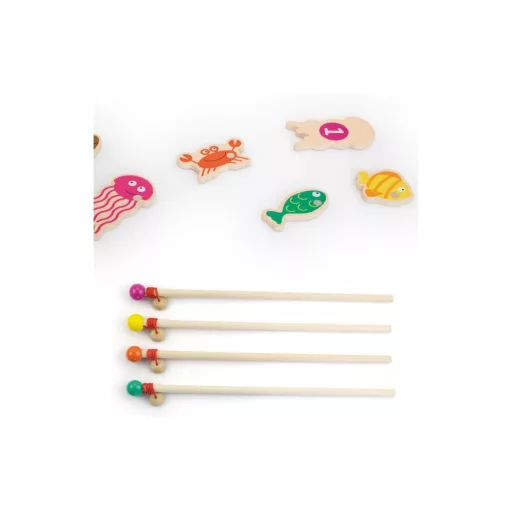 Andreu Toys 25 részes mágneses fa horgász társasjáték 4 horgászbottal és 20 fa halacskával, 28x28 cm