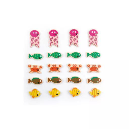 Andreu Toys 25 részes mágneses fa horgász társasjáték 4 horgászbottal és 20 fa halacskával, 28x28 cm