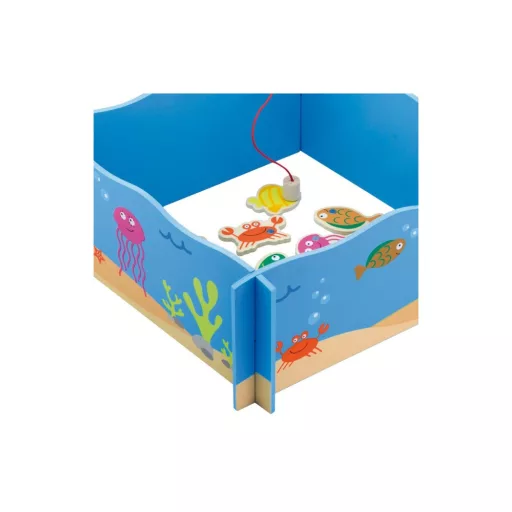Andreu Toys 25 részes mágneses fa horgász társasjáték 4 horgászbottal és 20 fa halacskával, 28x28 cm