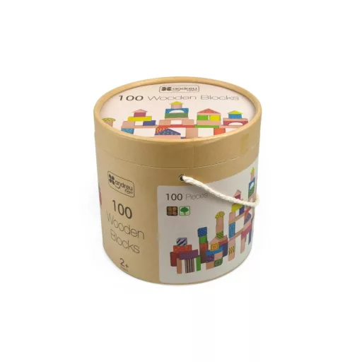Andreu Toys 100 darabos színes és natúr fa építőkocka szett tárolódobozban, 22,5x22,5 cm