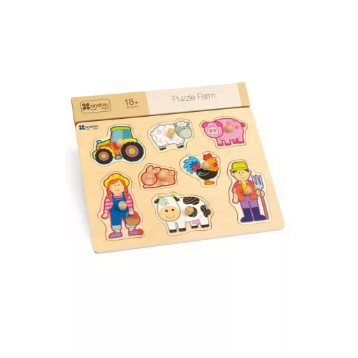 Andreu Toys Farm 8 részes fogantyús fa formaillesztő puzzle traktorral, gazdákkal és háziállatokkal, 30x22,5 cm