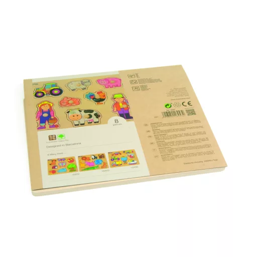 Andreu Toys Farm 8 részes fogantyús fa formaillesztő puzzle traktorral, gazdákkal és háziállatokkal, 30x22,5 cm