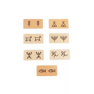 Andreu Toys Ancient Domino 28 darabos óriás fa dominó ősi motívumokkal és vászontasakkal, 12x6 cm