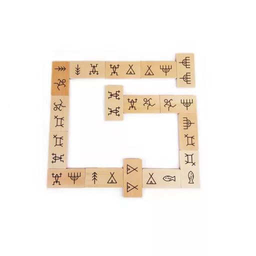 Andreu Toys Ancient Domino 28 darabos óriás fa dominó ősi motívumokkal és vászontasakkal, 12x6 cm