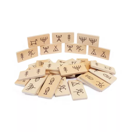 Andreu Toys Ancient Domino 28 darabos óriás fa dominó ősi motívumokkal és vászontasakkal, 12x6 cm