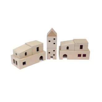 Andreu Toys Translucent Village 13 részes megvilágítható fa falu építőjáték színes ablakokkal, 20x10 cm
