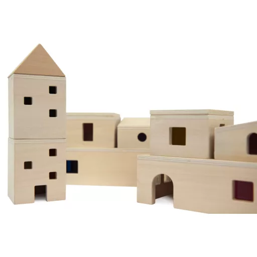 Andreu Toys Translucent Village 13 részes megvilágítható fa falu építőjáték színes ablakokkal, 20x10 cm