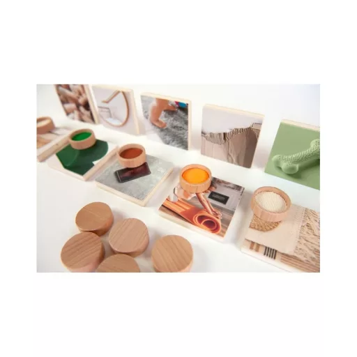 Andreu Toys Sensory Real Pics 24 részes fa tapintható párosító játék valódi képekkel és vászontasakkal, 7x7 cm