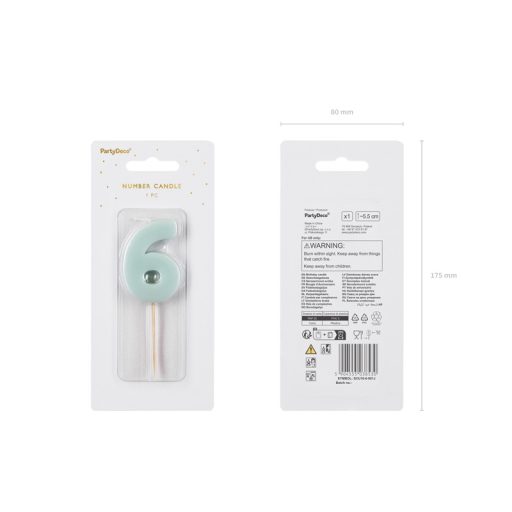 Party Deco Születésnapi szám gyertya 6 - 5,5 cm - világos kék