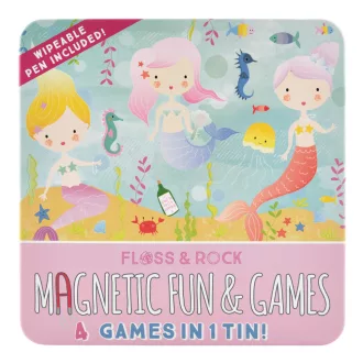 Floss and Rock Magnetic Fun and Games Mermaid sellő témájú 4 az 1-ben mágneses úti társasjáték szett fém dobozban, 19,5x19,5x4 cm