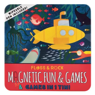 Floss and Rock Magnetic Fun and Games Deep Sea mély tenger témájú 4 az 1-ben mágneses úti társasjáték szett fém dobozban, 19,5x19,5x4 cm