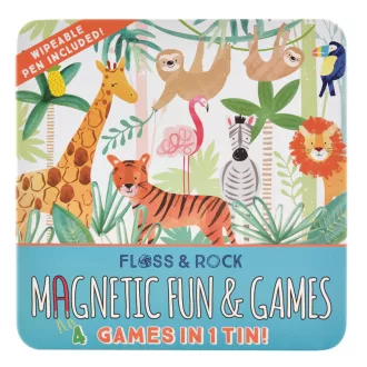 Floss and Rock Magnetic Fun and Games Jungle dzsungel témájú 4 az 1-ben mágneses úti társasjáték szett fém dobozban, 19,5x19,5x4 cm