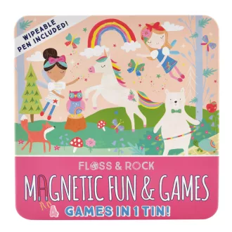 Floss and Rock Magnetic Fun and Games Rainbow Fairy szivárvány tündér 4 az 1-ben mágneses úti társasjáték szett fém dobozban, 19,5x19,5x4 cm