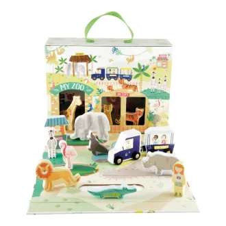 Floss and Rock Playbox Jungle hordozható dzsungel játszóház 15 db fa állatfigurával és kisvonattal, 22x29x10 cm