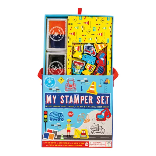 Floss and Rock Stamp and Play Construction építkezés témájú fa nyomdakészlet 4 tintapárnával és füzettel, 22x14x4 cm