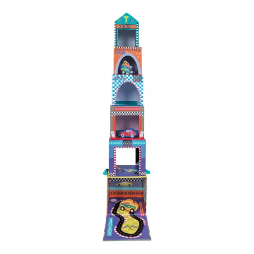 Floss and Rock Stack and Play Cars autós toronyépítő kocka szett 6 db kockával és 3 db fajátékkal, 13x13x13 cm