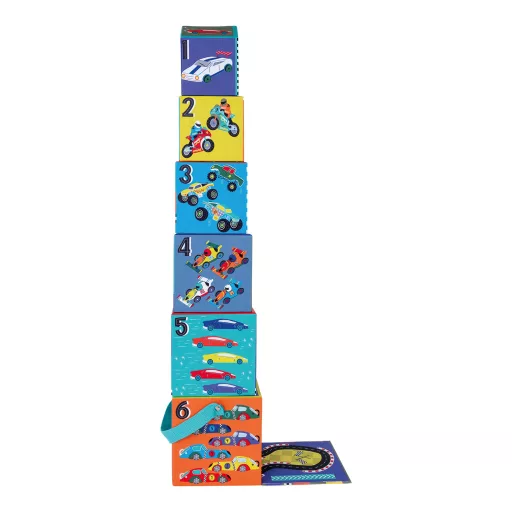 Floss and Rock Stack and Play Cars autós toronyépítő kocka szett 6 db kockával és 3 db fajátékkal, 13x13x13 cm