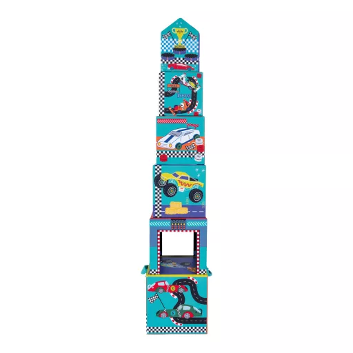 Floss and Rock Stack and Play Cars autós toronyépítő kocka szett 6 db kockával és 3 db fajátékkal, 13x13x13 cm