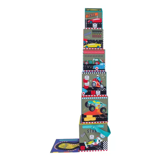Floss and Rock Stack and Play Cars autós toronyépítő kocka szett 6 db kockával és 3 db fajátékkal, 13x13x13 cm