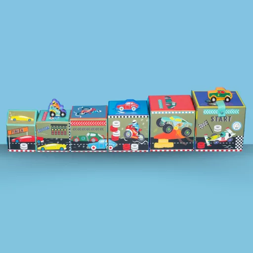 Floss and Rock Stack and Play Cars autós toronyépítő kocka szett 6 db kockával és 3 db fajátékkal, 13x13x13 cm