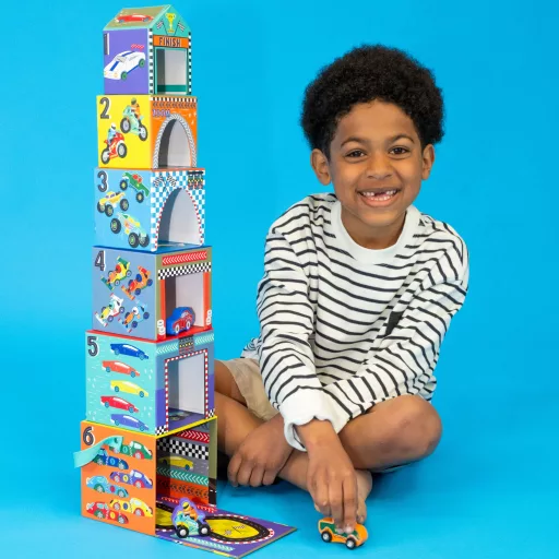 Floss and Rock Stack and Play Cars autós toronyépítő kocka szett 6 db kockával és 3 db fajátékkal, 13x13x13 cm