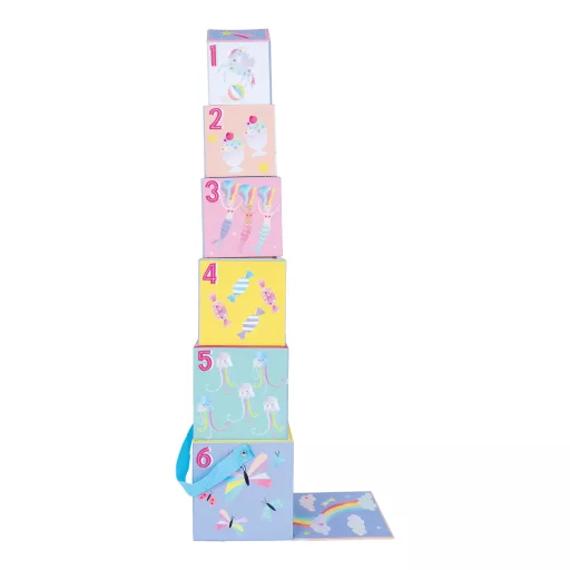 Floss and Rock Stack and Play Fantasy fantázia témájú toronyépítő kocka szett 6 db kockával és 3 db fajátékkal, 13x13x13 cm