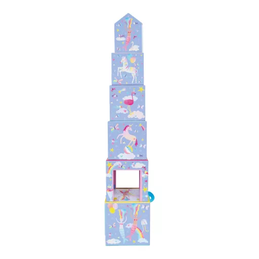 Floss and Rock Stack and Play Fantasy fantázia témájú toronyépítő kocka szett 6 db kockával és 3 db fajátékkal, 13x13x13 cm