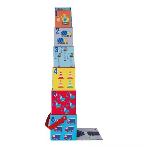 Floss and Rock Stack and Play Construction építkezés témájú toronyépítő kocka szett 6 db kockával és 3 db fajátékkal, 13x13x13 cm