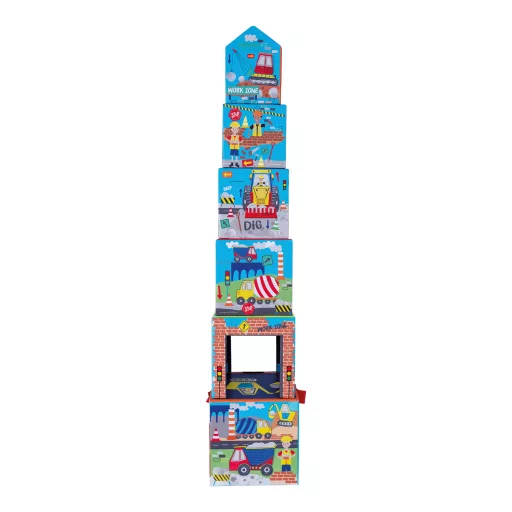 Floss and Rock Stack and Play Construction építkezés témájú toronyépítő kocka szett 6 db kockával és 3 db fajátékkal, 13x13x13 cm