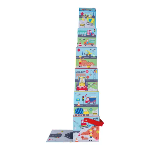 Floss and Rock Stack and Play Construction építkezés témájú toronyépítő kocka szett 6 db kockával és 3 db fajátékkal, 13x13x13 cm