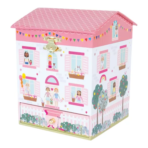 Floss and Rock Musical Jewellery Box Dolls House babaház alakú zenélő ékszerdoboz forgó babával és fiókkal, 14,5x14,5x16 cm