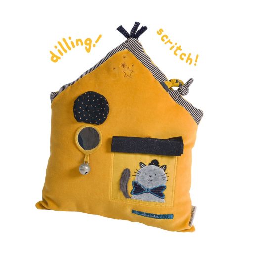 Moulin Roty Macskabajusz - Mustárszínű ház készségfejlesztő párna