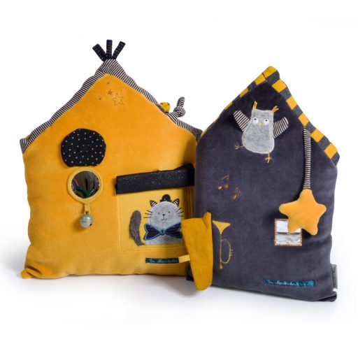 Moulin Roty Macskabajusz - Mustárszínű ház készségfejlesztő párna