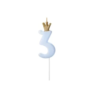   Party Deco Születésnapi Koronás szám gyertya 3 - 9,5 cm - világos kék