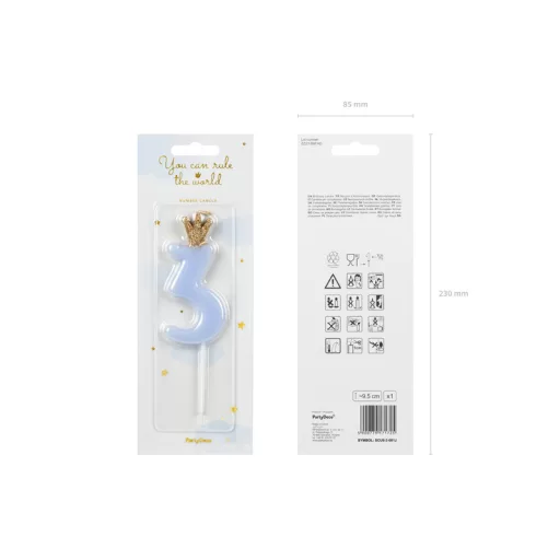 Party Deco Születésnapi Koronás szám gyertya 3 - 9,5 cm - világos kék