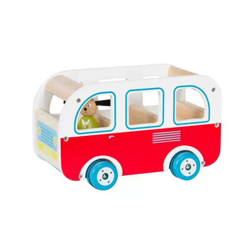 Moulin Roty Fa Busz A Nagy Család 21x13 cm piros retró fajáték kisbusz Cézár kutyussal