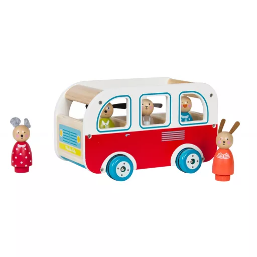 Moulin Roty Fa Busz A Nagy Család 21x13 cm piros retró fajáték kisbusz Cézár kutyussal