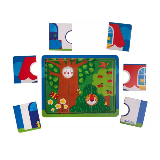 Moulin Roty Vidámság Fa Háromrétegű Kirakó 22x18 cm 6 darabos réteges fa puzzle