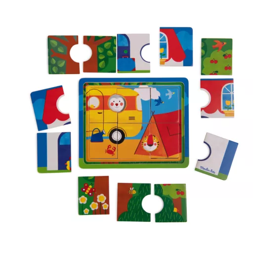 Moulin Roty Vidámság Fa Háromrétegű Kirakó 22x18 cm 6 darabos réteges fa puzzle