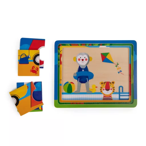 Moulin Roty Vidámság Fa Háromrétegű Kirakó 22x18 cm 6 darabos réteges fa puzzle