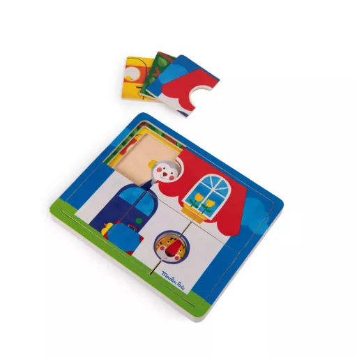 Moulin Roty Vidámság Fa Háromrétegű Kirakó 22x18 cm 6 darabos réteges fa puzzle