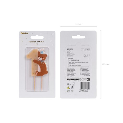 Party Deco 1-es számú születésnapi gyertya mackóval, 7 cm