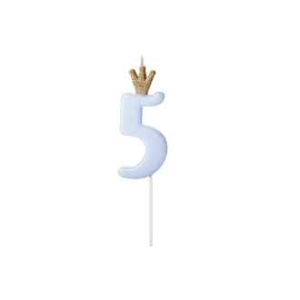   Party Deco Születésnapi Koronás szám gyertya 5 - 9,5 cm - világos kék