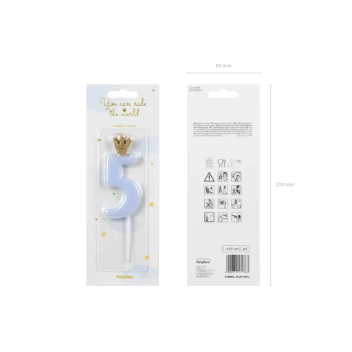 Party Deco Születésnapi Koronás szám gyertya 5 - 9,5 cm - világos kék