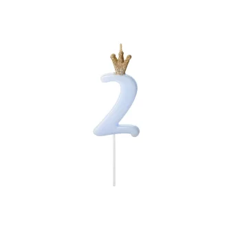   Party Deco Születésnapi Koronás szám gyertya 2 - 9,5 cm - világos kék