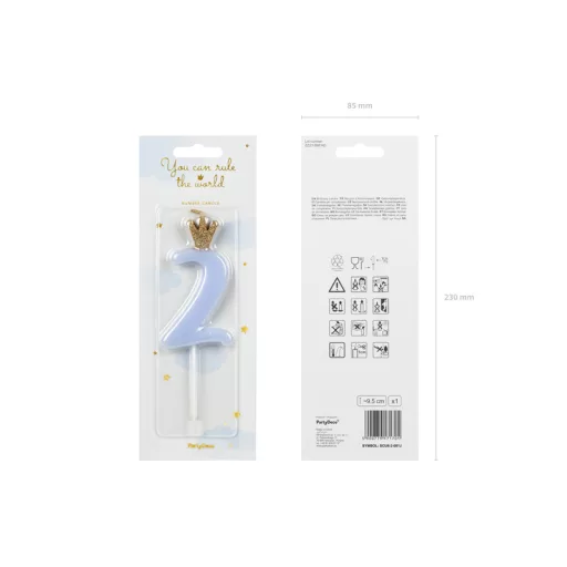Party Deco Születésnapi Koronás szám gyertya 2 - 9,5 cm - világos kék