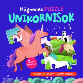Napraforgó Mágneses Puzzle Könyv Unikornisok 3 darab 16 elemes kirakóval 19,5x19,5 cm