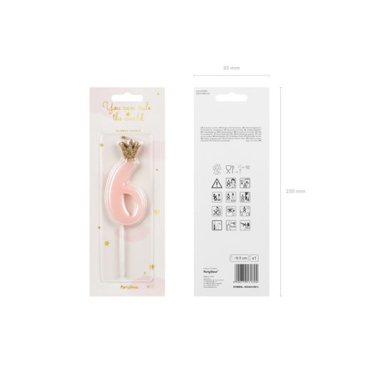 Party Deco Születésnapi Koronás szám gyertya 6 - 9,5 cm - világos rózsaszín