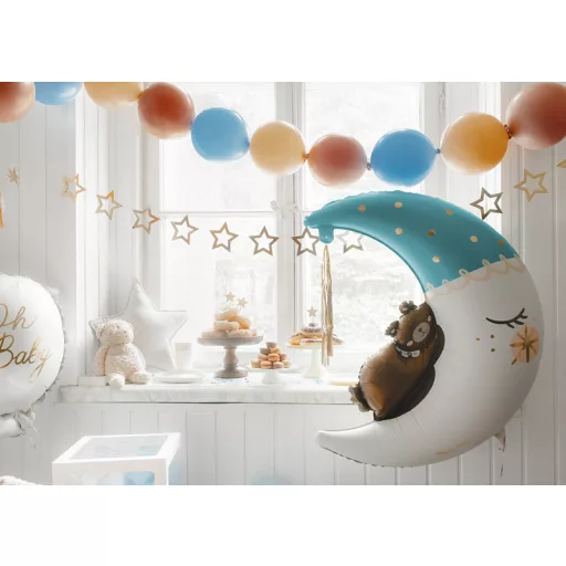 PartyDeco alvó maci a holdon világoskék fólia lufi kisfiús babaváróra